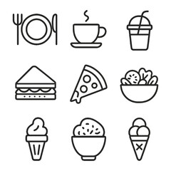 Minimalist food and drink icons set: coffee, pizza, salad, and more