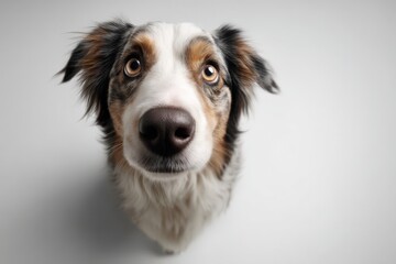 A close up shot of a brown and white dog gazing up towards the camera