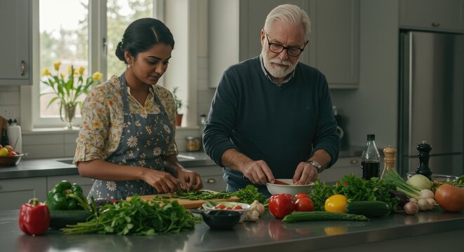 Diverse Couple Preparing Fresh Ingredients Together in Kitchen