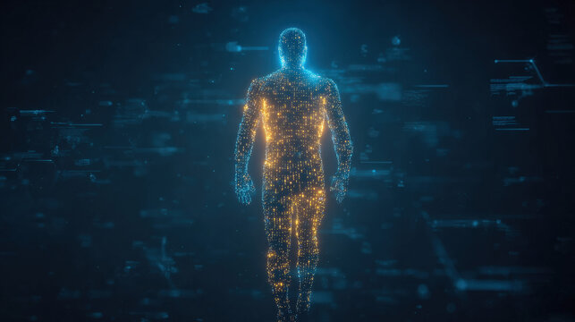 Abstract neon data network silhouette formed from binary code on dark background, symbolizing anonymous hackers and cybersecurity threats