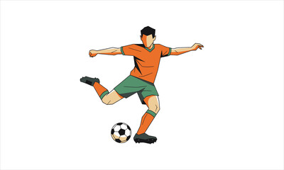 Dynamic male soccer player in orange and green kit kicking a black and white ball.