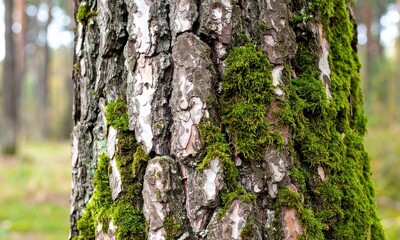Obraz premium Close-Up of a Tree Trunk Covered in Green Moss in a Forest with Natural Texture and Earthy Atmosphere