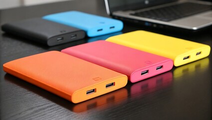 Colorful portable power banks and laptop on a table