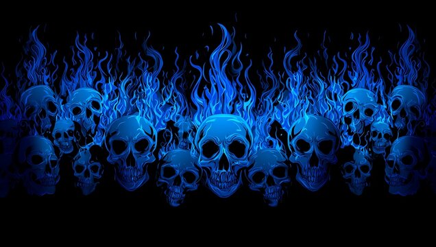 Blue skulls with flames on black background for halloween or horror themes