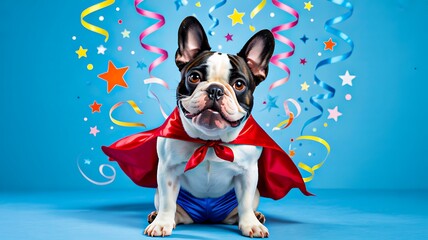 French bulldog wearing superhero costume with party decorations