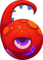 Spooky monster character font digit 6 six. Bizarre bugaboo monster character mathematics typeface figure, bogle personage cartoon vector kids ABC type numeral symbol. Strange creature math font number