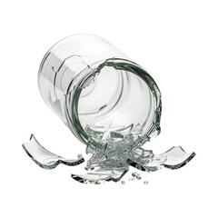 Broken glass cup on transparent background with shattered pieces