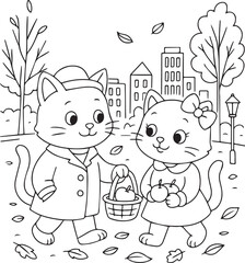 Cute autumn kittens in vintage coats play in leaves, pick apples, carry pumpkins, and enjoy cozy fall moments. Perfect line art illustrations for coloring pages and seasonal designs.