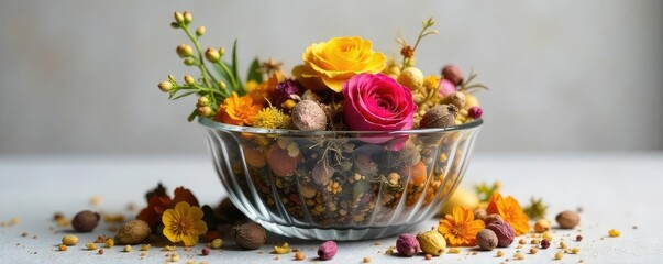 A charming glass bowl overflows with a vibrant mix of dried flowers, herbs, and fragrant botanicals, creating a rustic and aromatic potpourri arrangement perfect for home decor , cones, vintage