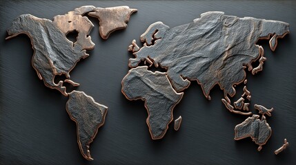 World map, dark bronze relief