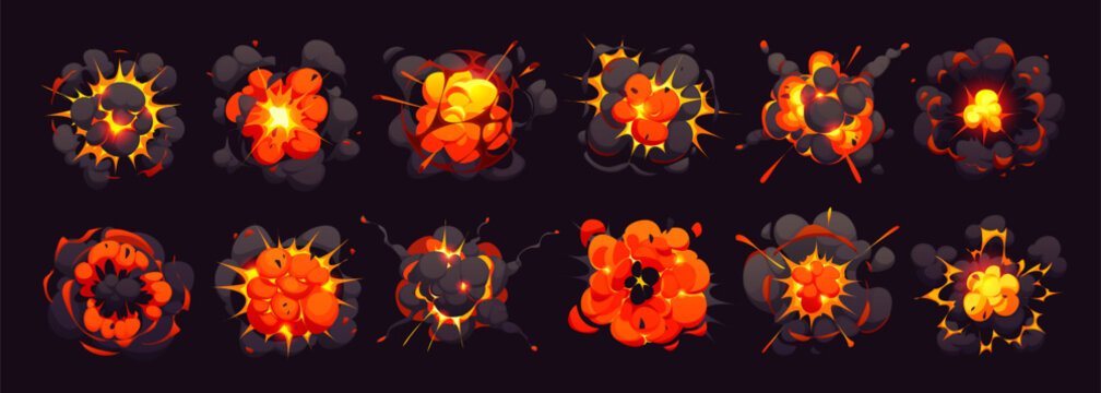 Comic bomb explosion blast effect with cartoon fire and smoke boom clouds, vector set. TNT bomb explodes with smoke cloud mushroom of atomic bomb blast with puffs for cartoon dynamite explosion effect