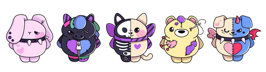 Goth teddy creatures with bunny, black horse and skeleton cat for alternative kawaii design. Stitched bear with patches, demon puppy with horns. Emo plushie characters for dark creepy cute stickers.