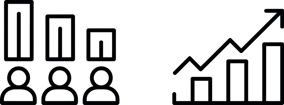 Icon set representing declining and rising business trends with audience and growth charts silhouette