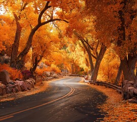 Scenic Autumn Road Lined with Golden Trees Leading to Enchanted Forest, Covered in Fallen Leaves