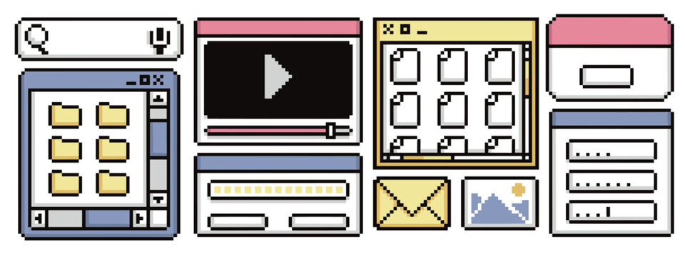 UI pixel frame collection with search bar, video player and folder windows for retro interface design. 8 bit file browser, progress and envelope icon. Image thumbnail for vintage operating system.