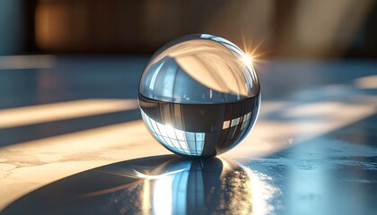 Hyper-realistic 3D crystal sphere resting on a polished surface, with light refractions and shadows creating depth and visual allure