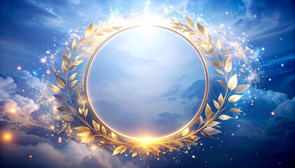 Fototapeta premium ゴールドの光の輪と舞い散る葉、抽象的な空模様Generated image