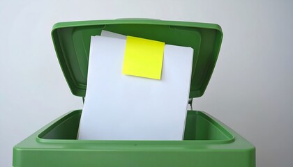 Papers being discarded in a green bin