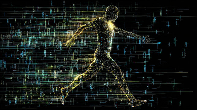 Abstract neon data network silhouette formed from binary code on dark background, symbolizing anonymous hackers and cybersecurity threats