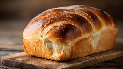 Naklejka premium A beautifully baked loaf of bread rests on a wooden cutting board, showcasing its golden-brown crust and airy interior.