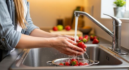 A person washing strawberries in a kitchen sink.