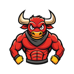 Muscular red bull character mascot with fierce expression and powerful physique