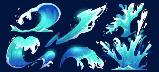 Wave water game effects with turquoise splashes, flowing streams and dynamic ocean currents for aquatic adventures. Liquid animations with foam details. Sea surge graphics for surfing or marine games
