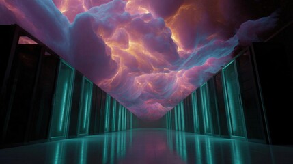 Long corridor with rows of servers on either side. the corridor is empty and the floor is made of concrete.