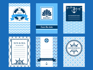 Fototapeta na wymiar Marine nautical invites. Vector set of invitation templates featuring maritime symbols, patterns and text. Save the date and invitation layouts for summer parties, beach events, yacht club gatherings