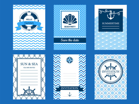 Marine nautical invites. Vector set of invitation templates featuring maritime symbols, patterns and text. Save the date and invitation layouts for summer parties, beach events, yacht club gatherings