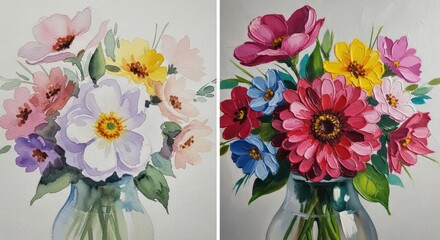 Floral Duet: Watercolor and Oil Painting of Colorful Flowers in Glass Vases