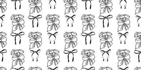 Coquette party charcoal seamless pattern. Monochrome party endless background. Girly festive bride bouquet with bows repeat cover. Surface pattern wedding design motif. Vector hand drawn illustration.
