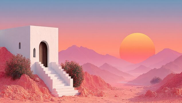 Minimalist desert house at sunset, pink hues