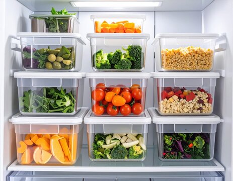 Organized Refrigerator: Fresh Produce in Clear Storage Containers - Powered by Adobe