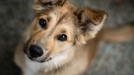 Close-up of a dog's face. the dog appears to be a mixed breed, possibly a german shepherd or a similar breed. it has a light brown coat with darker brown patches on its face and ears.