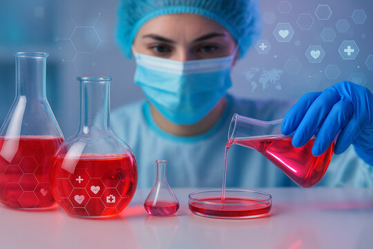 AI generated scientist in protective gear pouring red liquid into petri dish with glass flasks and digital health icons representing innovation precision and futuristic medical research