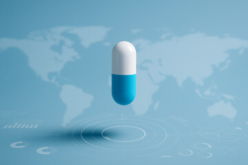 AI generated futuristic concept of a blue and white capsule floating above digital world map with data elements symbolizing medical innovation and pharmaceutical progress
