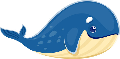 Cartoon sperm whale character. Isolated vector cachalot sea animal, ocean mammal creature with blue skin. Friendly aquatic personage for game or book, marine fauna, biodiversity, nature wildlife