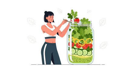 Woman Preparing Fresh Salad In Delicious Jar Ready For Consumption, Healthy Lifestyle
