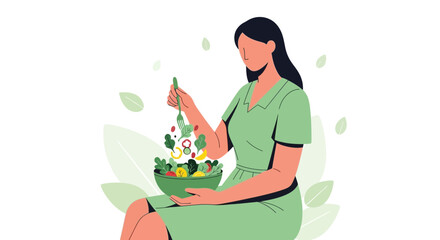 Woman Preparing Fresh Salad In A Vibrant Illustration Style For Healthy Eating