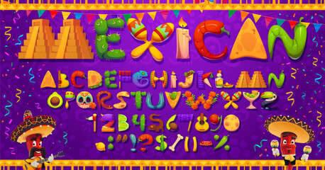Cartoon Mexican font, Mexico festival type, fiesta typeface, holiday alphabet. Vector abc uppercase letters, numbers and signs as traditional tex mex food, cacti maracas, guitar toucan and pyramid