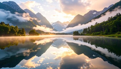 Vibrant natural scenery with misty mountains, shimmering water reflections, and dynamic depth that pulls the viewer inward for immersive appeal, 