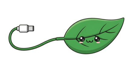 Cute cartoon leaf with a usbc connector, isolated on transparent background