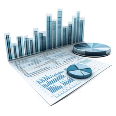 Business data analysis with bar graphs and pie charts showing financial performance and market trends on a detailed report presented in 3d style on transparent background