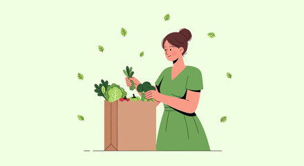 Woman Putting Fresh Vegetables Into a Paper Bag After Grocery Shopping