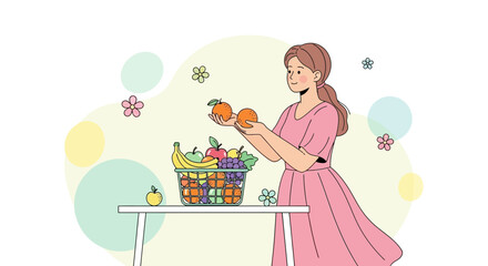 Woman Presenting Fresh Fruits From a Healthy Basket Filled With Colorful Varieties