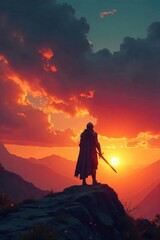 Obraz premium Silhouetted Knight Contemplating Sunset A Spiritual Journey of Faith and Courage