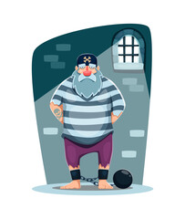 Cartoon pirate prisoner corsair ship crew nautical character with gray beard, striped shirt, and tattoo stands in a cell, shackled to a heavy iron ball against dimly lit stone wall with barred window