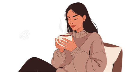 Woman Relaxes, Drinking Hot Beverage On A Cold Day With A Snowflake In The Background