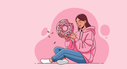Woman Savoring Donut: Delightful Illustration of Happiness and Sweet Treats